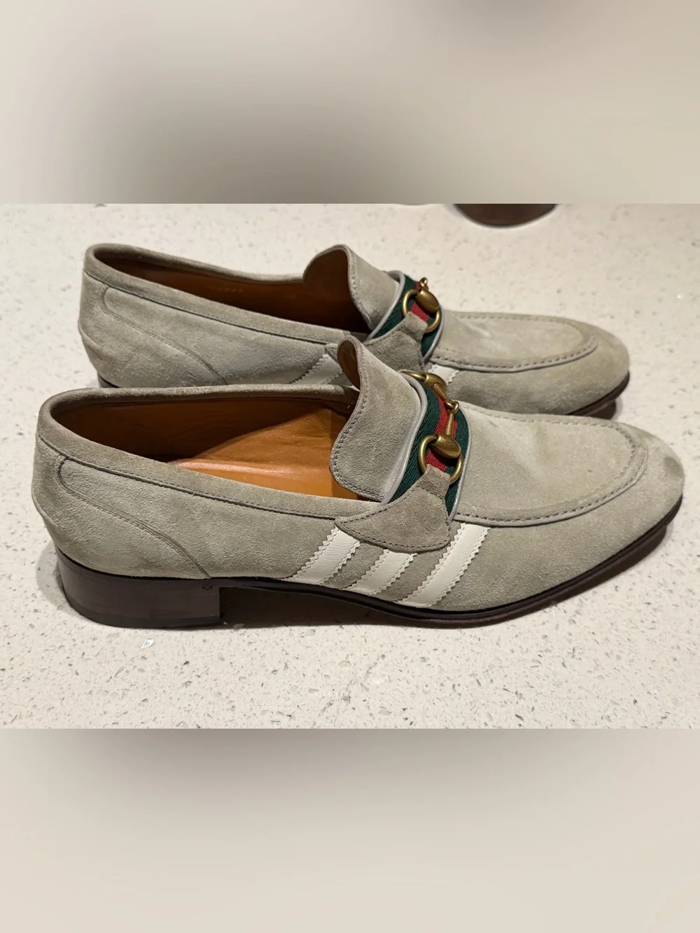 Gucci Men\'s Suede Horsebit Loafers in Light Gray with Green-Red Web Gucci | Shoes | Gucci Mens Grey Suede Web Horsebit Loafers  main image 2